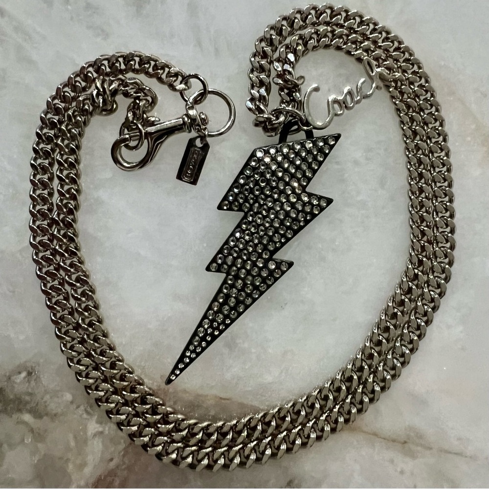 COACH Y2K Large Lightning Crystal Black Bolt Thick Silver Chain Limited Necklace - Picture 4 of 9